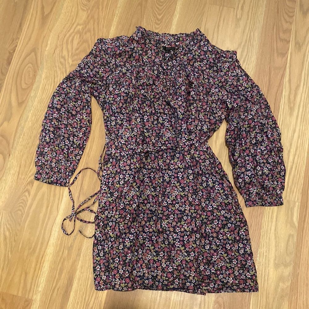 J. Crew Black Floral Long-Sleeve Tie-Waist Dress